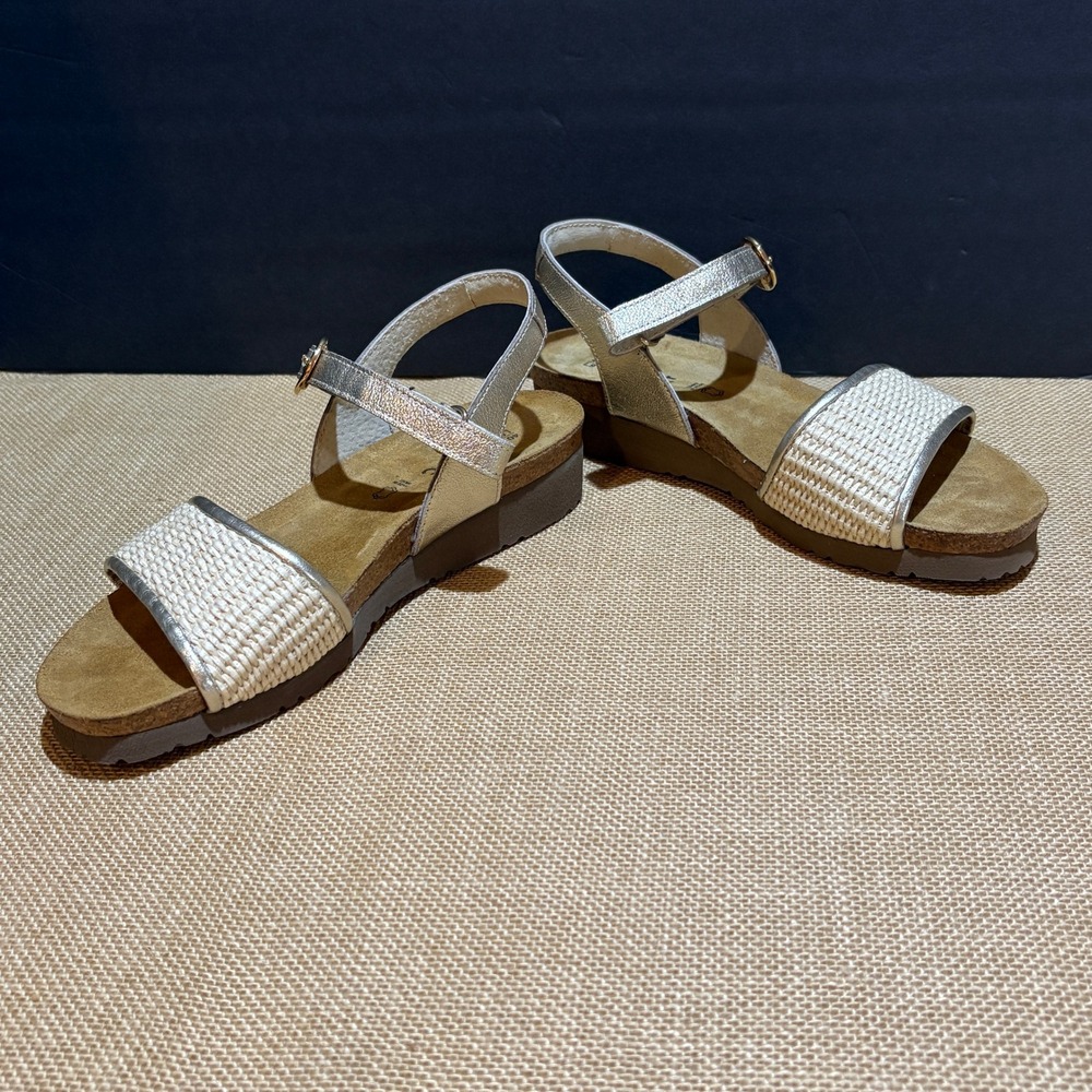 Naot Kayla Women Gold Woven Leather Low Wedge Sandals 40 L9 Arch Support Comfort